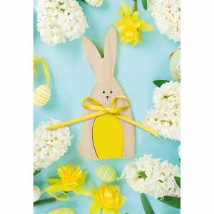 Klappkarte Ostern Holz Hase mit Blumen