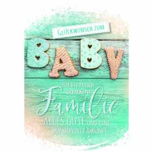 Glückwunschkarte zum Baby Buchstaben auf Holz, mit Glittereffekt,