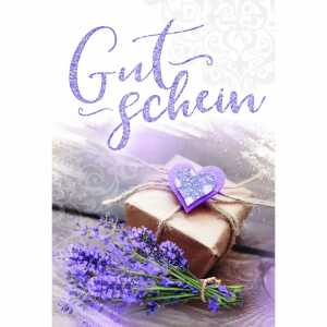 Gutscheinkarte Päckchen und lila Blumenstrauß, mit Glittereffekt,