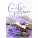 Gutscheinkarte Päckchen und lila Blumenstrauß,...