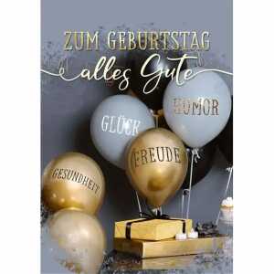 Geburtstagskarte Geschenk und beschriftete Ballons