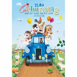 Geburtstagskarte Kinder Tiere im Auto