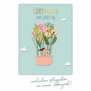 Geburtstagskarte Blumen Heißluftballon