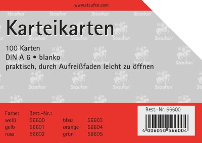 Staufen Karteikarte A6 100St 180g blanko weiß Kopflinie 2-fach