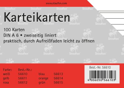 Staufen Karteikarte A6 100St 180g liniert weiß Kopflinie 2-fach