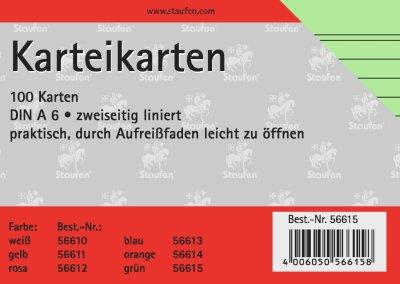 Staufen Karteikarte A6 100St 180g liniert grün Kopflinie 2-fach