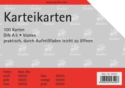 Staufen Karteikarte A5 100St 180g blanko weiß Kopflinie 2-fach