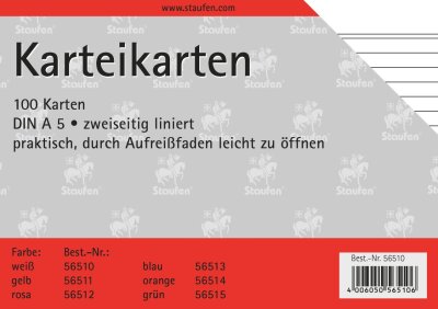 Staufen Karteikarte A5 100St 180g liniert weiß Kopflinie 2-fach