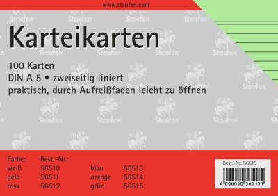 Staufen Karteikarte A5 100St 180g liniert grün Kopflinie 2-fach