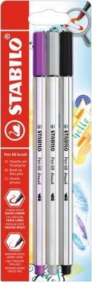 STABILO Pen 68 brush 3er Blister lila, mittelgrau, schwarz