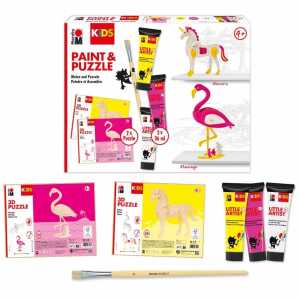 Puzzle-Set KiDS Flamingo & Einhorn, 2x 3D Puzzle 3x 36ml Malfarben