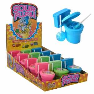 Sour Flush Lutscher mit Brausepulver 12x 39g, Spielzeugtoilette,
