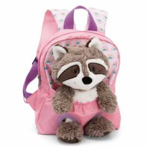 Rucksack mit Plüschtier 21x26cm Waschbär rosa, 25cm Plüschtier