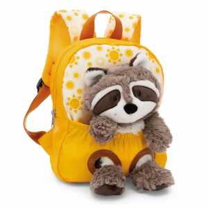 Rucksack mit Plüschtier 21x26cm Waschbär gelb, 25cm Plüschtier