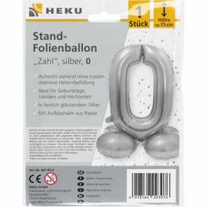 Stand-Folienballon Zahl 0 silber, Höhe 75 cm, aufrechtstehend