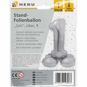 Stand-Folienballon Zahl 1 silber, Höhe 75 cm, aufrechtstehend