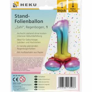 Stand-Folienballon Zahl 1 Regenbogen, Höhe 75 cm, aufrechtstehend