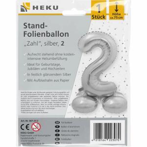 Stand-Folienballon Zahl 2 silber, Höhe 75 cm, aufrechtstehend