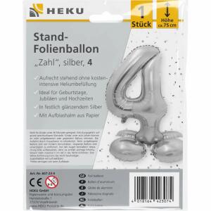 Stand-Folienballon Zahl 4 silber, Höhe 75 cm, aufrechtstehend