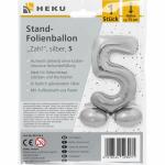 Stand-Folienballon Zahl 5 silber, Höhe 75 cm,...