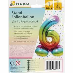 Stand-Folienballon Zahl 6 Regenbogen, Höhe 75 cm, aufrechtstehend