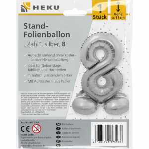 Stand-Folienballon Zahl 8 silber, Höhe 75 cm, aufrechtstehend