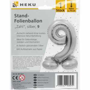 Stand-Folienballon Zahl 9 silber, Höhe 75 cm, aufrechtstehend
