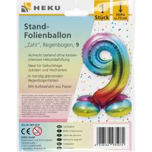 Stand-Folienballon Zahl 9 Regenbogen, Höhe 75 cm, aufrechtstehend