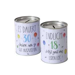 Spardose Geburtstag 18/30 weiß/bunt D10x14cm, 2fach sort weiß Metall