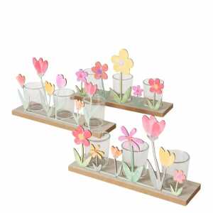 Windlichter Blümi 3er auf Holz B/H 27x17cm sortiert, 3fach sortiert