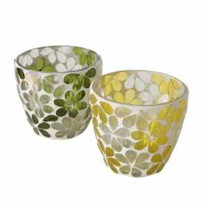 Windlicht Butine grün gelb D9x8cm sortiert, 2fach sortiert Glas,