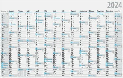 Jahreskalender 121 x 77 cm, 1 Seite = 14 Monate, Druck: schwarz/blau, 150 g/qm, Dezember Vorjahr bis Januar Folgejahr, gefalzt