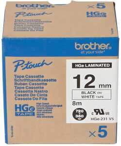 Schriftbandkassette, HGe-23, 12 mm 8 m schwarz auf weiß 5 Schriftbä