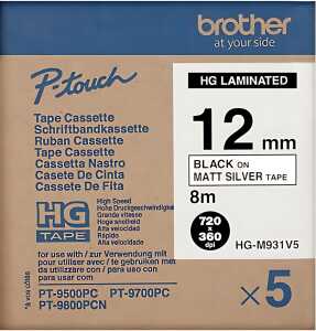 Schriftbandkassette, HGe-M93, 12 mm 8 m schwarz auf silber 5 Schriftbä