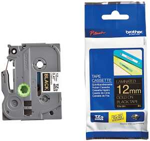 Schriftbandkassette, TZe-334, 12 mm / 8 m gold auf schwarz, laminiert