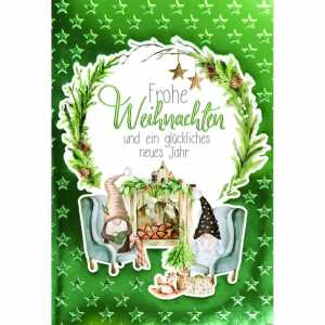 Weihnachtskarte Kranz/Wichtel/Kamin, Druckkarte, weißer Karton,