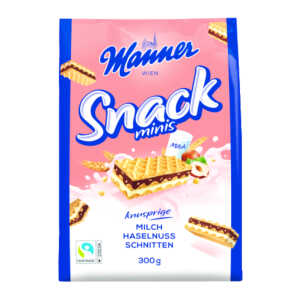 Manner Snack Minis Milch Haselnuss 300g, Kakaowaffeln mit Milchreme