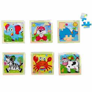 Holz-Rahmenpuzzle 9 Teile Tiere 11x11cm sortiert, 6 Tiermotive, ab 3 J