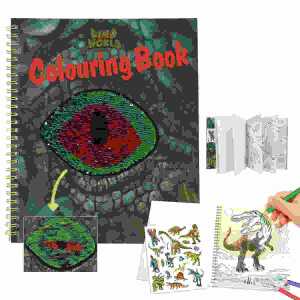 Malbuch mit Pailletten Dino World, mit 20 Ausmal-Motive,