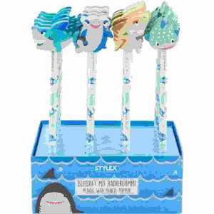 Bleistift mit Radiergummi Hai 4fach sortiert, HB mit Schaftbedruckung