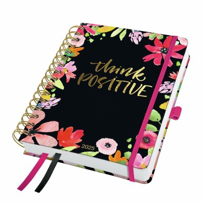 SIGEL J5600 Spiral-Kalender Jolie 2025 - Flower Love - 1 Jahr - 2 Seiten = 1 Woche - Hardcover - 120 g/m² - ca. A5 - schwarz/pink - 240 Seiten - FSC-zertifiziert