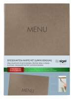 SIGEL SM210 Speisekarten-Mappe - 1 Stück - inkl. 2 Doppel-Transparenthüllen für 8 Seiten - Gummi-Bindung - A4 - beige