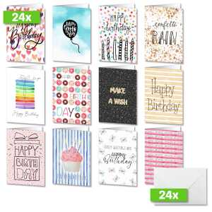 Geburtstags-Karten-Set - Colourful Birthday A6 - 24 Karten + Umschläge