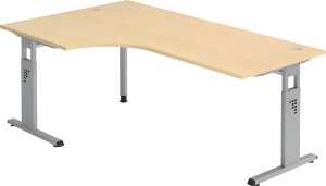 Winkelschreibtisch 2000 x 800/1200 mm, 650-850 mm, C-Fuß, Ahorn/silber