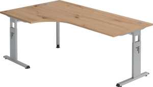 Winkelschreibtisch 2000 x 800/1200 mm, 650-850 mm, C-Fuß, Eiche/silber