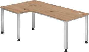 Winkelschreibtisch 2000 x 800/1200 mm, 650-850 mm, 5-Fuß, Eiche/silber