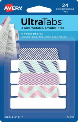 Haftstreifen UltraTabs Design, 63,5 x 25 mm, Polyester mit papierbeschichteter Lasche, blau, grün, rosa, lila, 1 Pack = 24 Haftstreifen