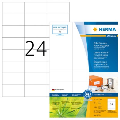 Herma Etiketten permanent haftend 70 x 37 mm Recycling-Papier naturweiss 80 Bl 1920 Etik. LaserInkCopy