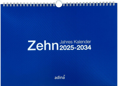 2025 Adina Zehnjahres-Kalender A4 blau Querformat mit Spiralbindung und Wandaufhängung