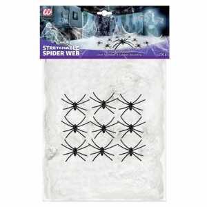 WIDMANN Dehnbares Spinnennetz mit 9 Spinnen 200g weiß